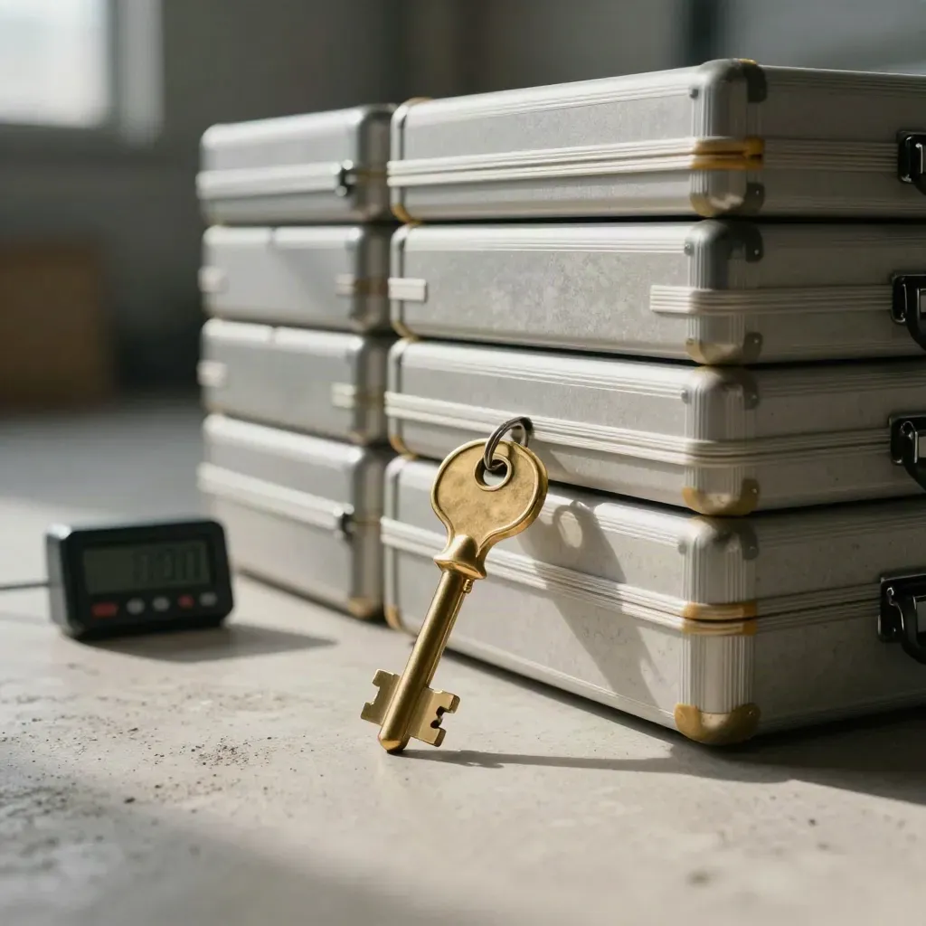 Brass sleutel naast verzegelde projectcases en omgekeerde timer op licht beton