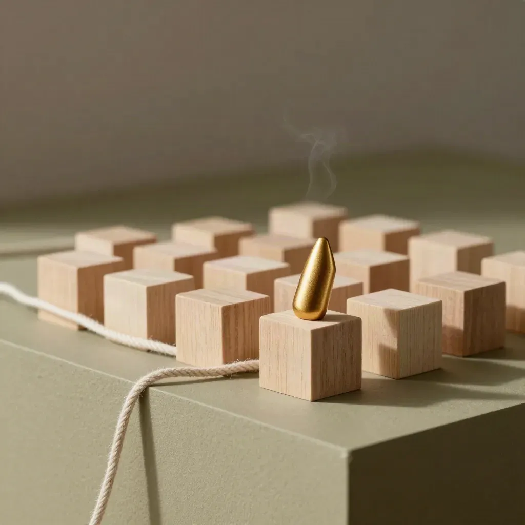 Pale houten kubussen, een goud keramisch markeerpunt en linnen koord op een khaki plint.