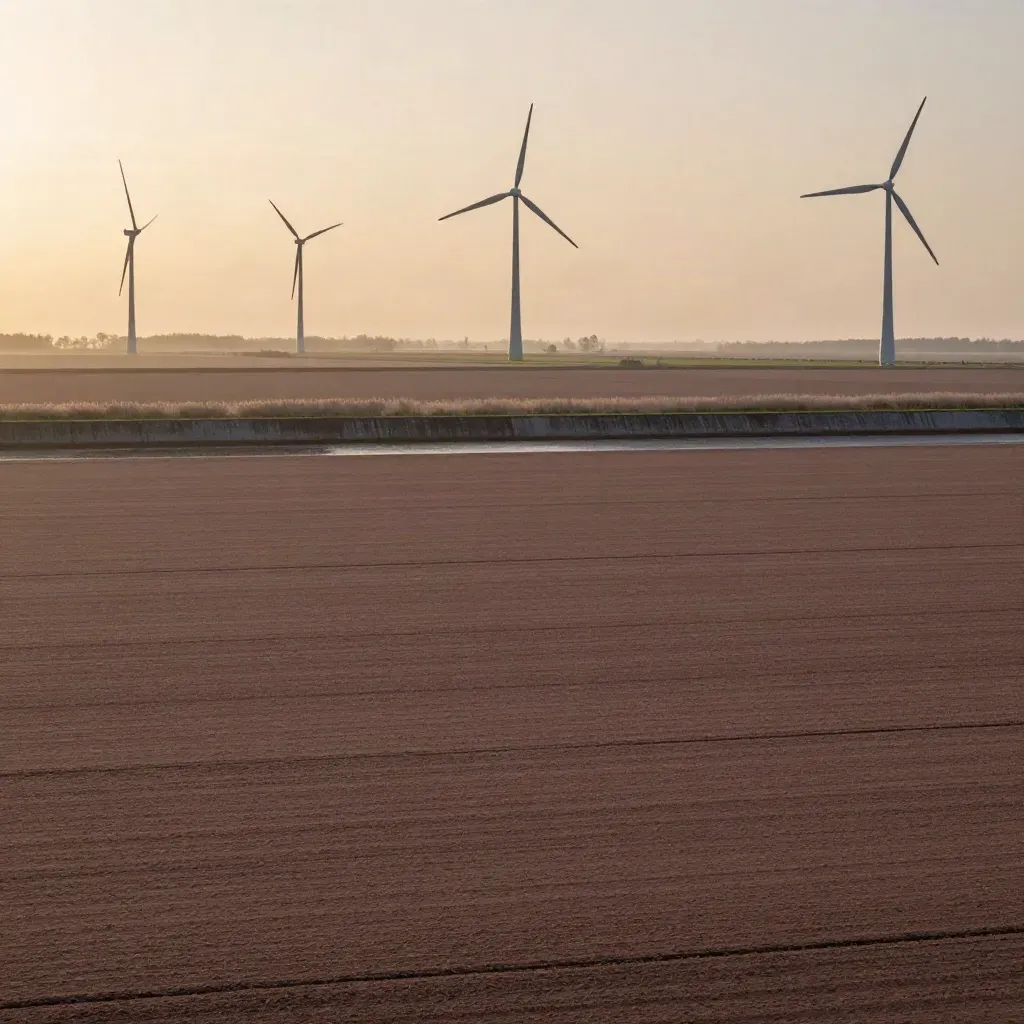 Flevoland polderland met windmolens bij zachte zonsondergang en veel rustige ruimte voor tekst